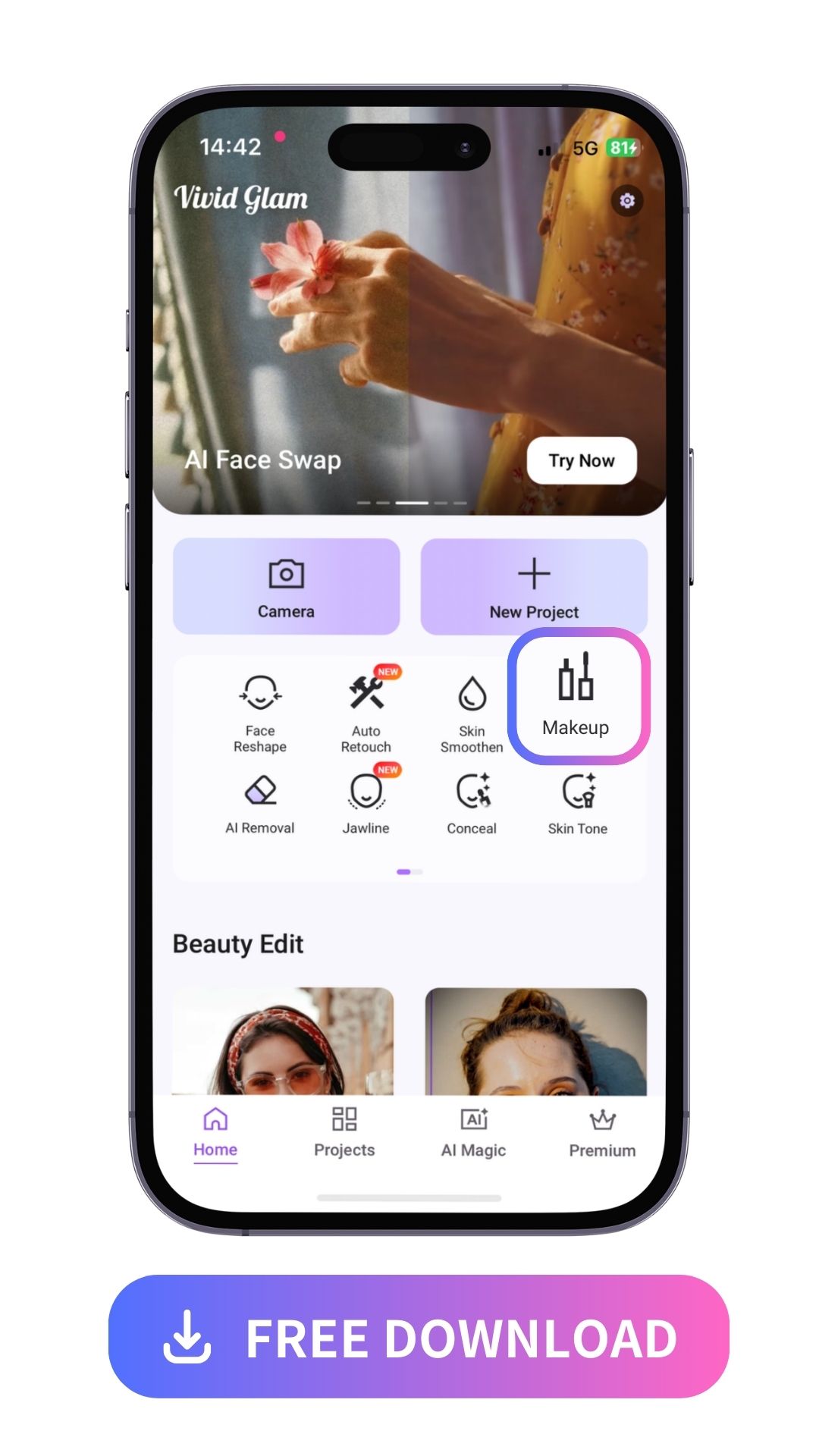 apply 4 different foundations on a woman's face with Vivid Glam's UI mockup